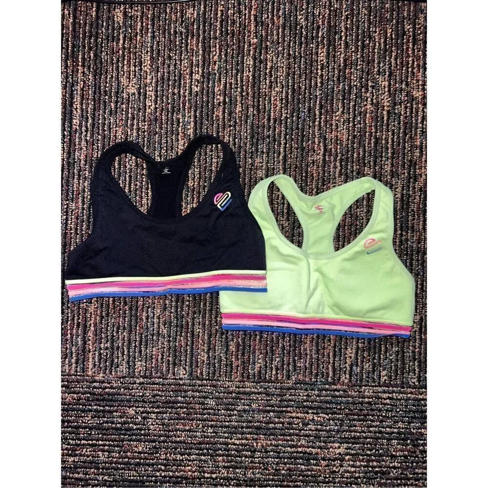 2-Pack Girls Sports Bras – Racerback, Rainbow Band – Black & Neon Green